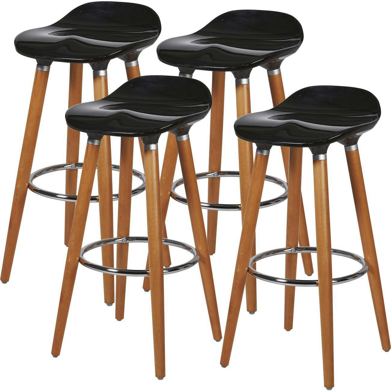 OLLO - Lot de 4 - Tabouret De Bar assise plastique dur abs noir pieds metal