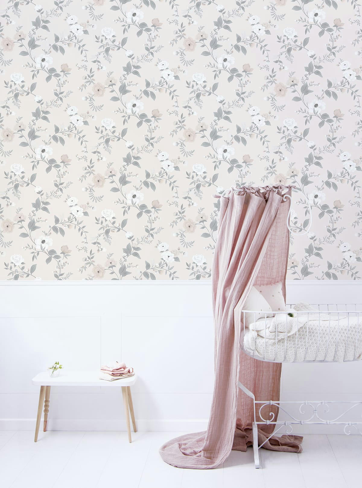 GRACE - Papier peint fleurs, roses en Papier Rose 50cm x 10m