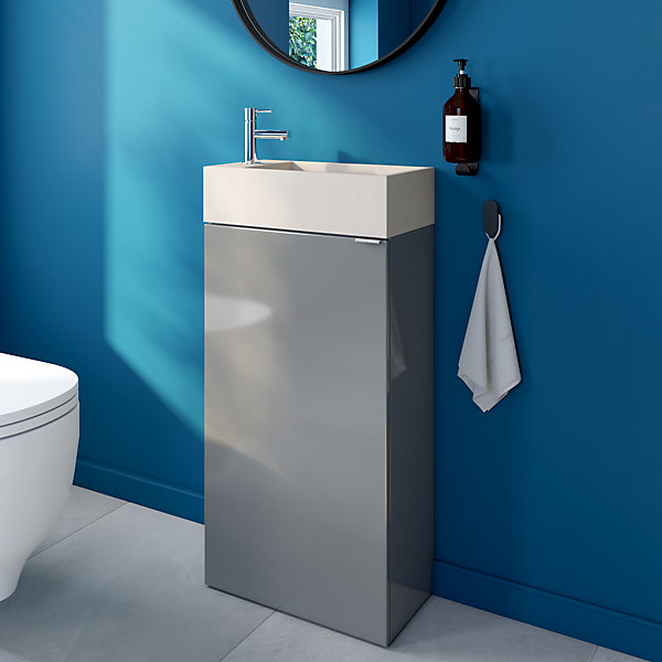 Meuble lave-mains à poser gris brillant l.44 cm Imandra   plan vasque béton beige moucheté, GoodHome