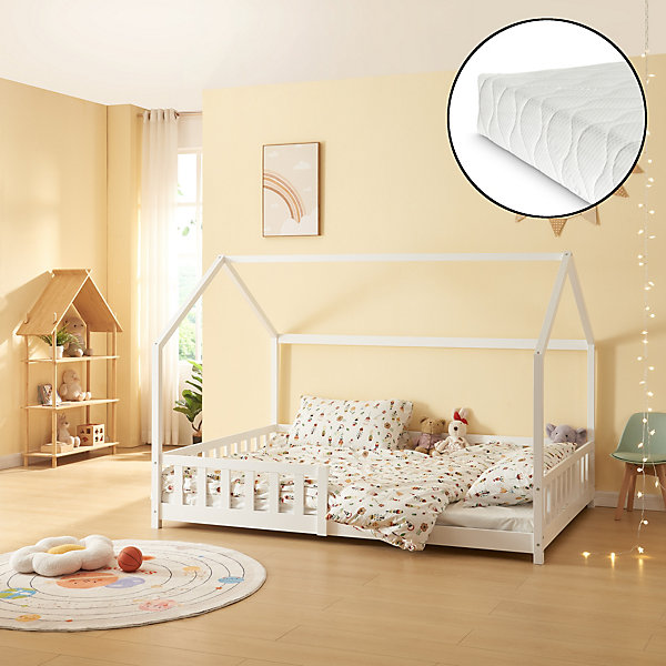 Lit cabane Hesel avec matelas à mousse froid 120 x 200 cm blanc en.casa