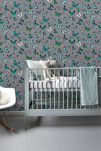 ESTAhome papier peint papillons argent et turquoise 53 cm x 10.05 m