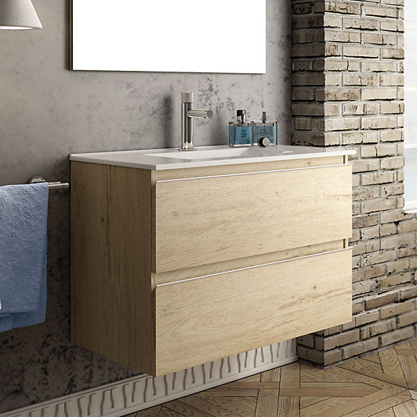 Ensemble meuble de salle de bain 100cm simple vasque   colonne de rangement - BALEA - bambou (chêne clair)
