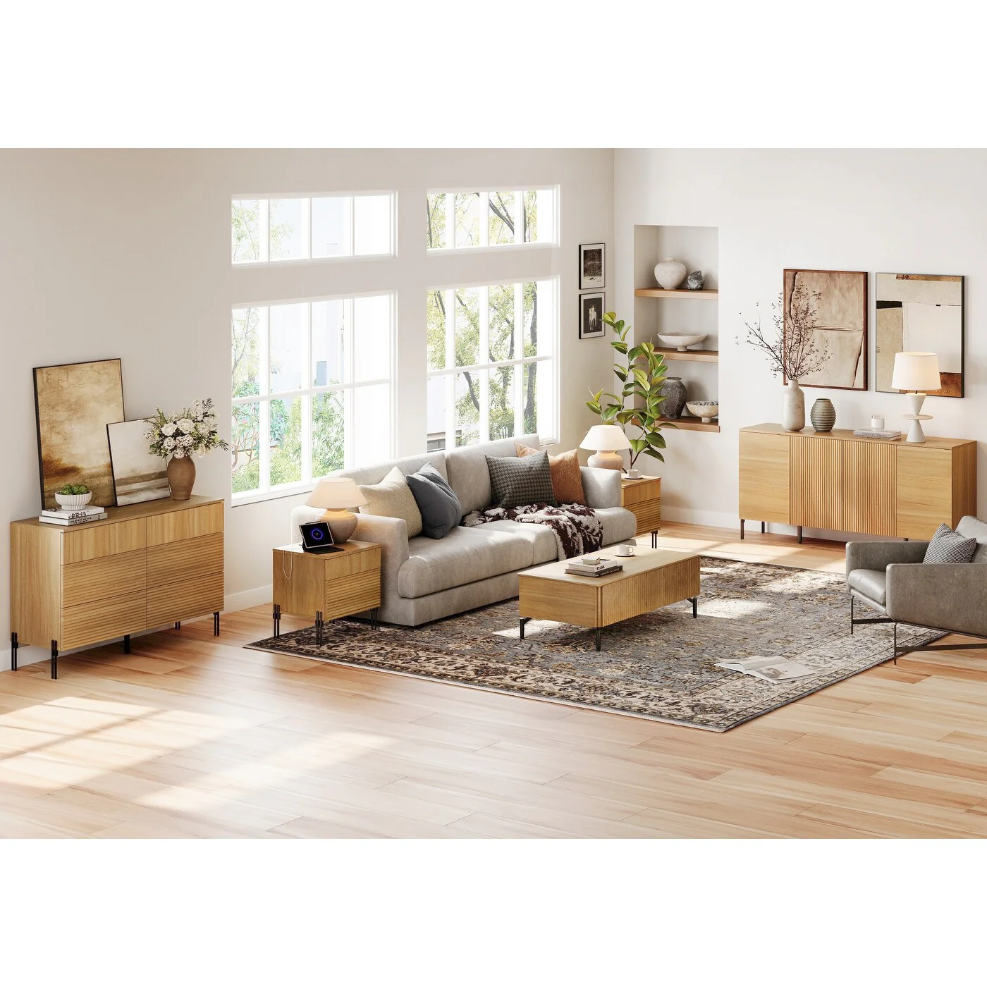 WAMPAT 4-Piece Bedroom Furniture Set, 47 Fluted 6 Drawer Dresser, 61 Buffet Sideboard, 2 Nightstand with Charging Station, Oak