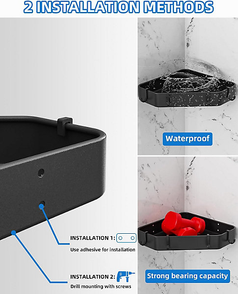 1 étagère de douche d'angle sans perçage, accessoires de rangement, étagère de douche d'angle avec 2 crochets