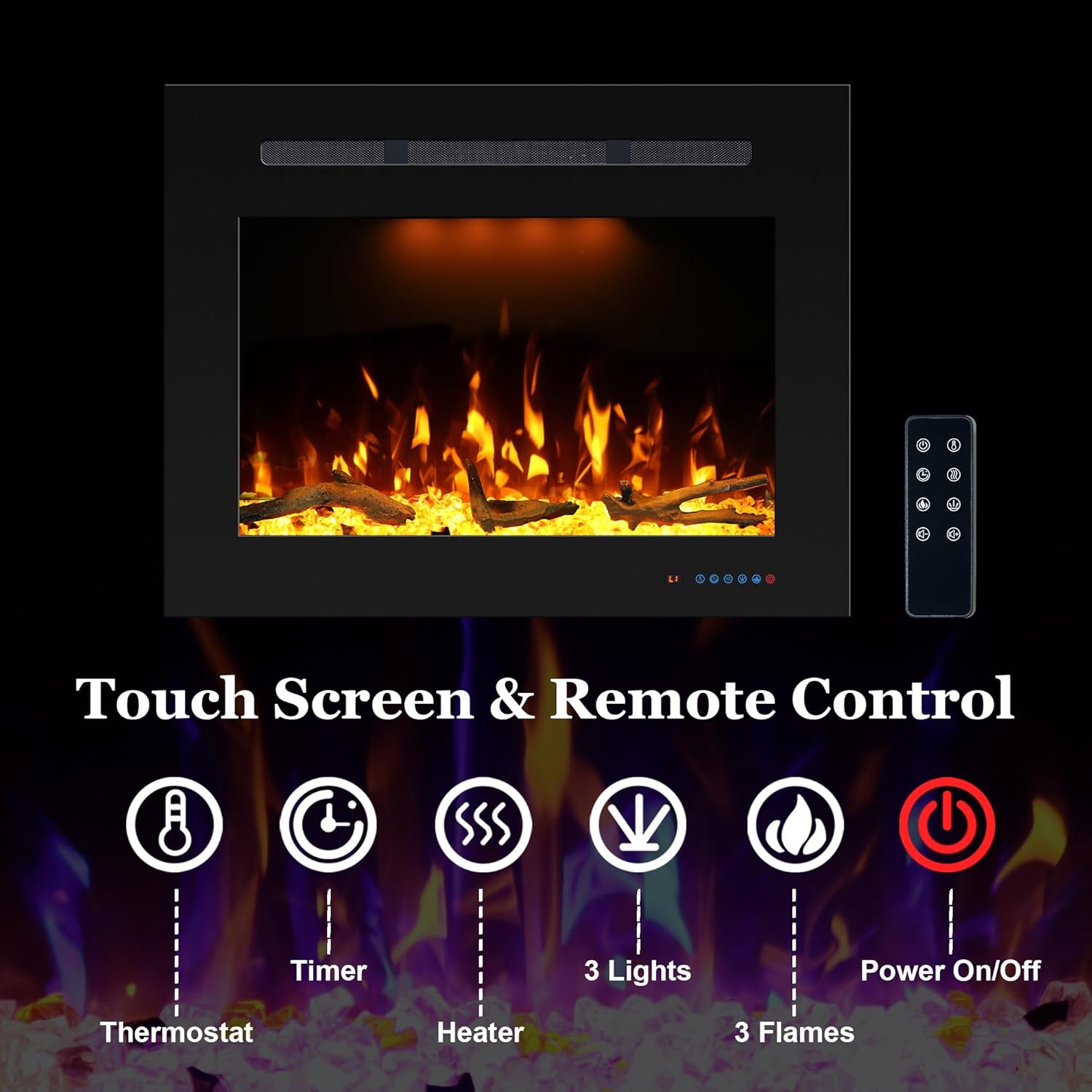 Prismaster 32.23 W x 26 H Rear Electric Fireplace Insert with Crackling, Fireplace Heater with Adjustable Flames, 62-99℉ Thermostat,Only Recessed