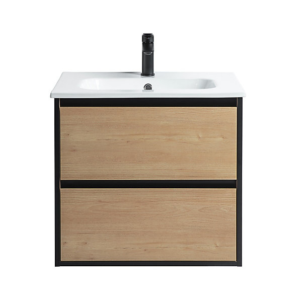 Ensemble Meuble prémonté 60 bois détail noir-Vasque céramique-Miroir JOY - bain-bain