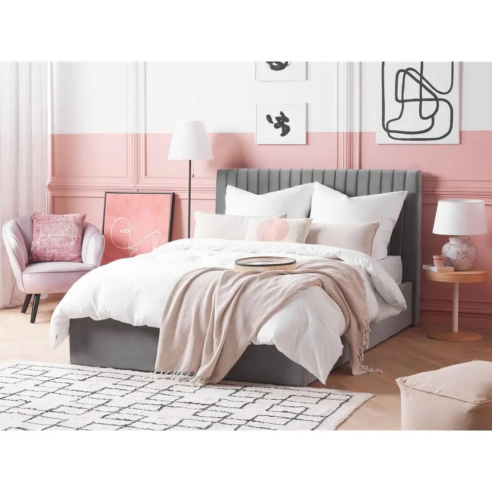 VION - Bed met opbergruimte - Grijs - 140 x 200 cm - Fluweel