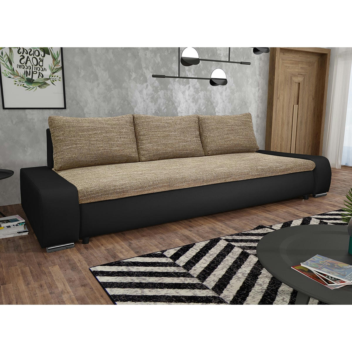 - Canapé convertible 3 places beige et noir
