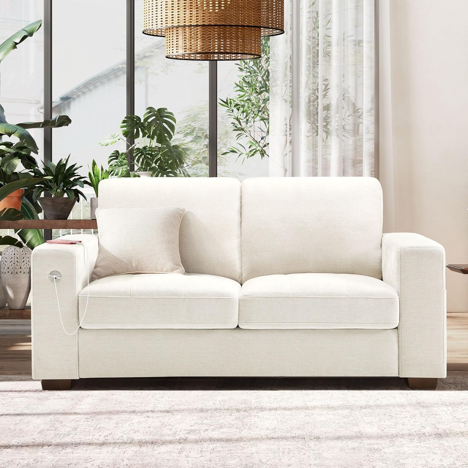 Hanherry 89 Sofa for Living Room, Modern Comfy Sofa with Medium Firm Seat Cushion, Removable Cover,Wide Armrest,USB/Type-C Port,Chenille Fabric Couches for Small Space,Apartment(70 inch/Beige)
