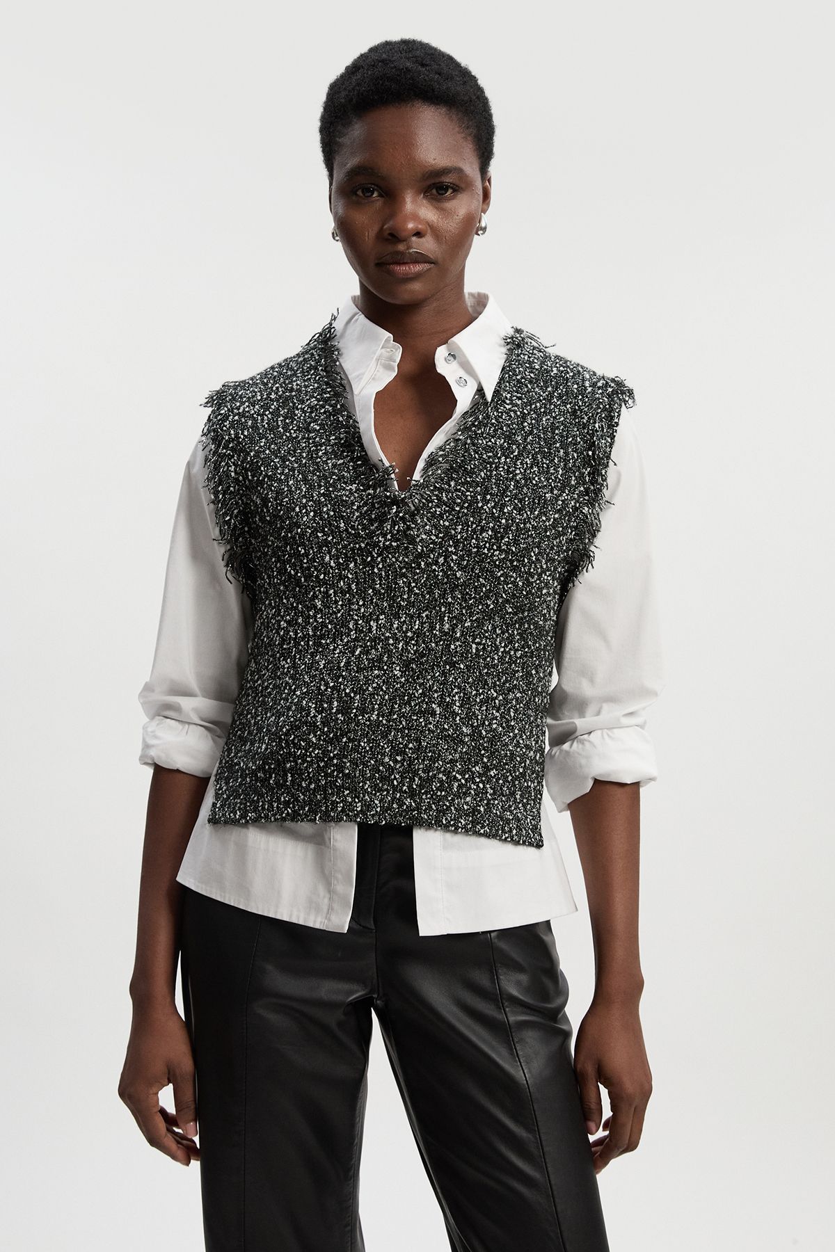 KarenMillen Tweed Yarn Fringe Trim Knitted Tank