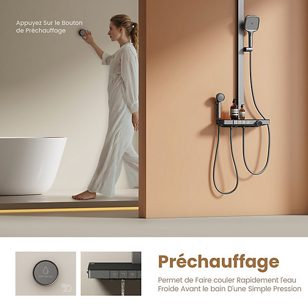 EMKE Colonne de douche avec thermostat Télécommande Douche pluie étagère en verre avec des enfants porte douchette anthracite