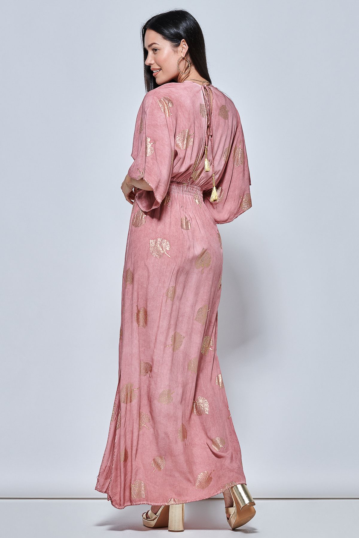 Jolie Moi Printed Kimono Sleeve Holiday Maxi Dress