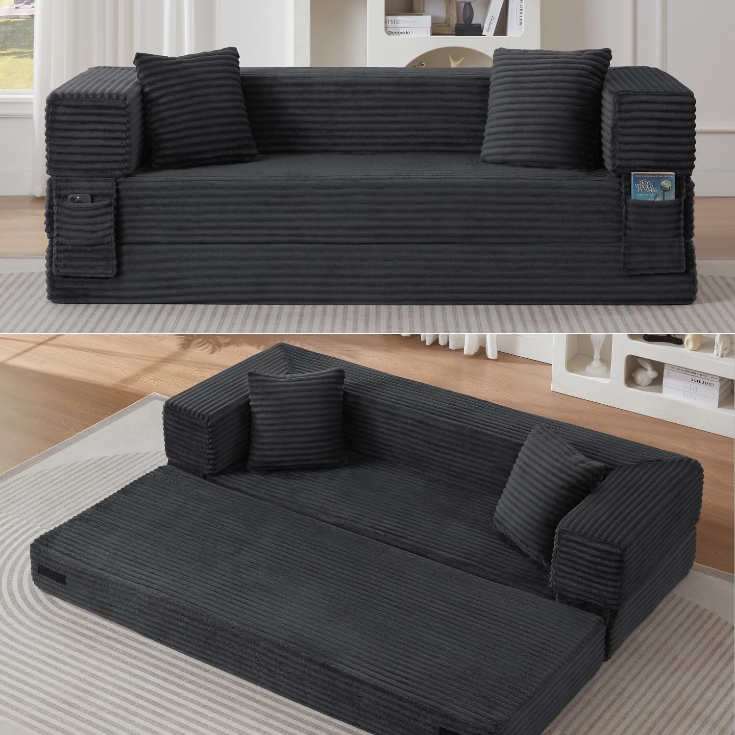 80 Inch Convertible Sofa Bed, Oversized Boneless Couch with High Arms, Deep Seat Corduroy Sleeper Sofa, Folding Floor Couch with Side Pockets, No Assembly Cloud Lounge for Living Room (Dark Grey)