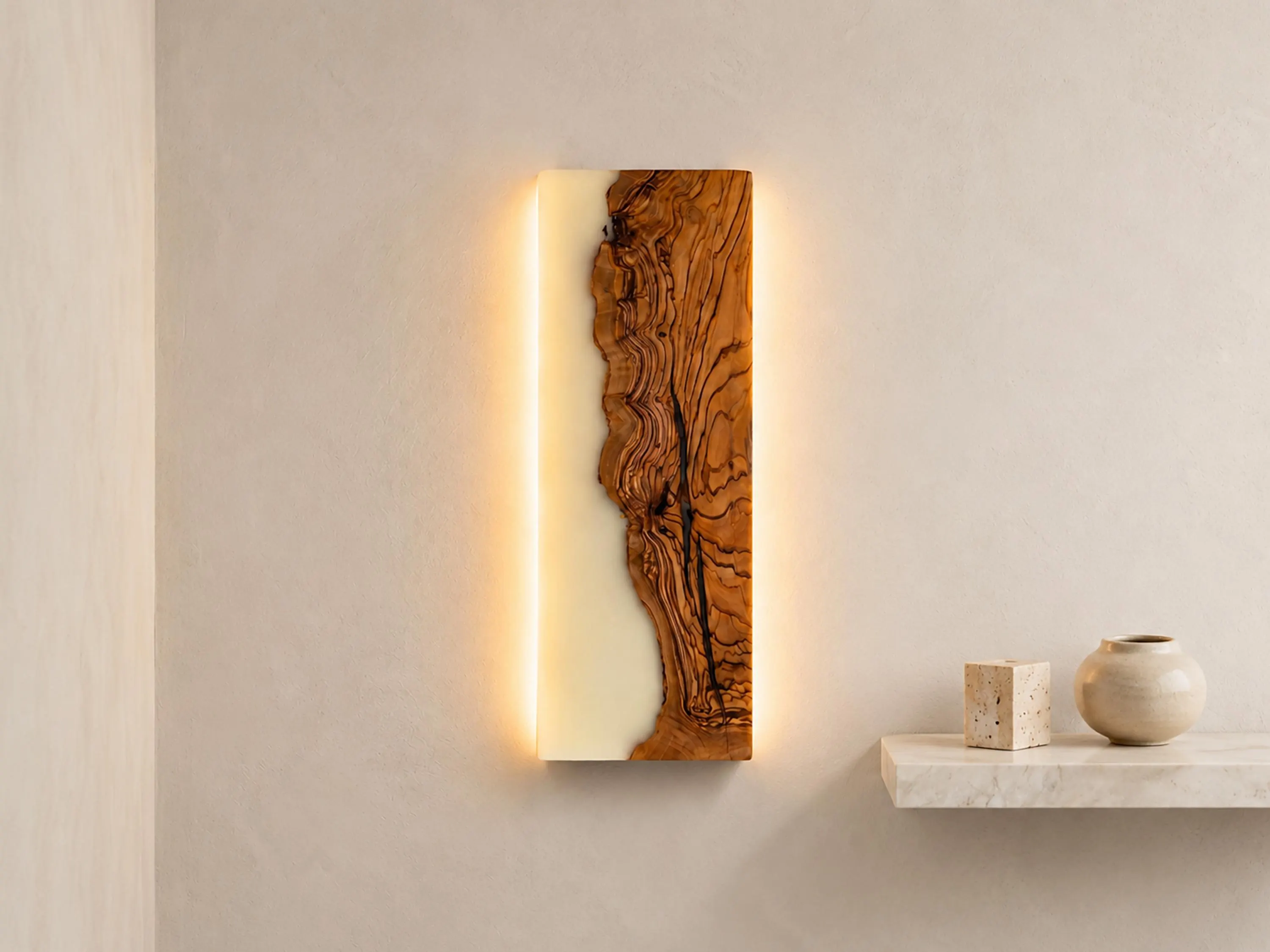 Olive Wood LED Wall Sconce | Modern Interior Lighting Accent for Luxury Home, Bathroom, Hallway & Bedroom Decor | Handmade Wall Light