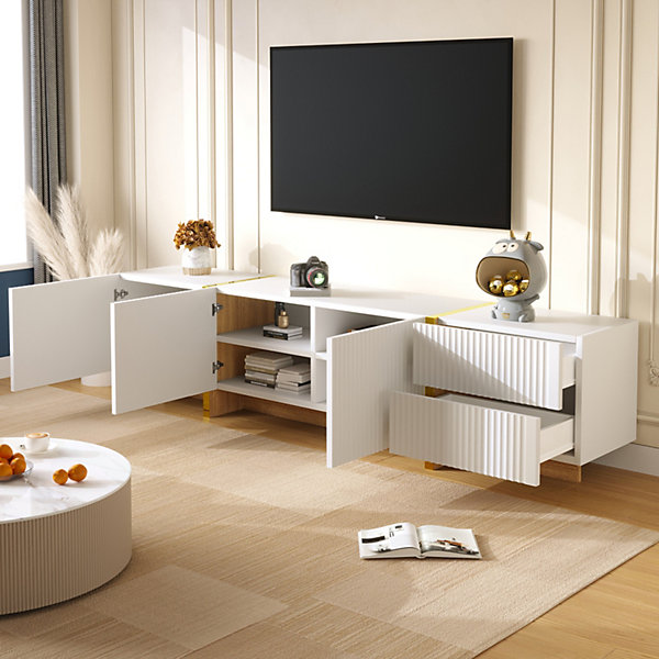 Meuble TV 190 cm, 3 portes, 2 tiroirs, blanc avec veinage or et bois