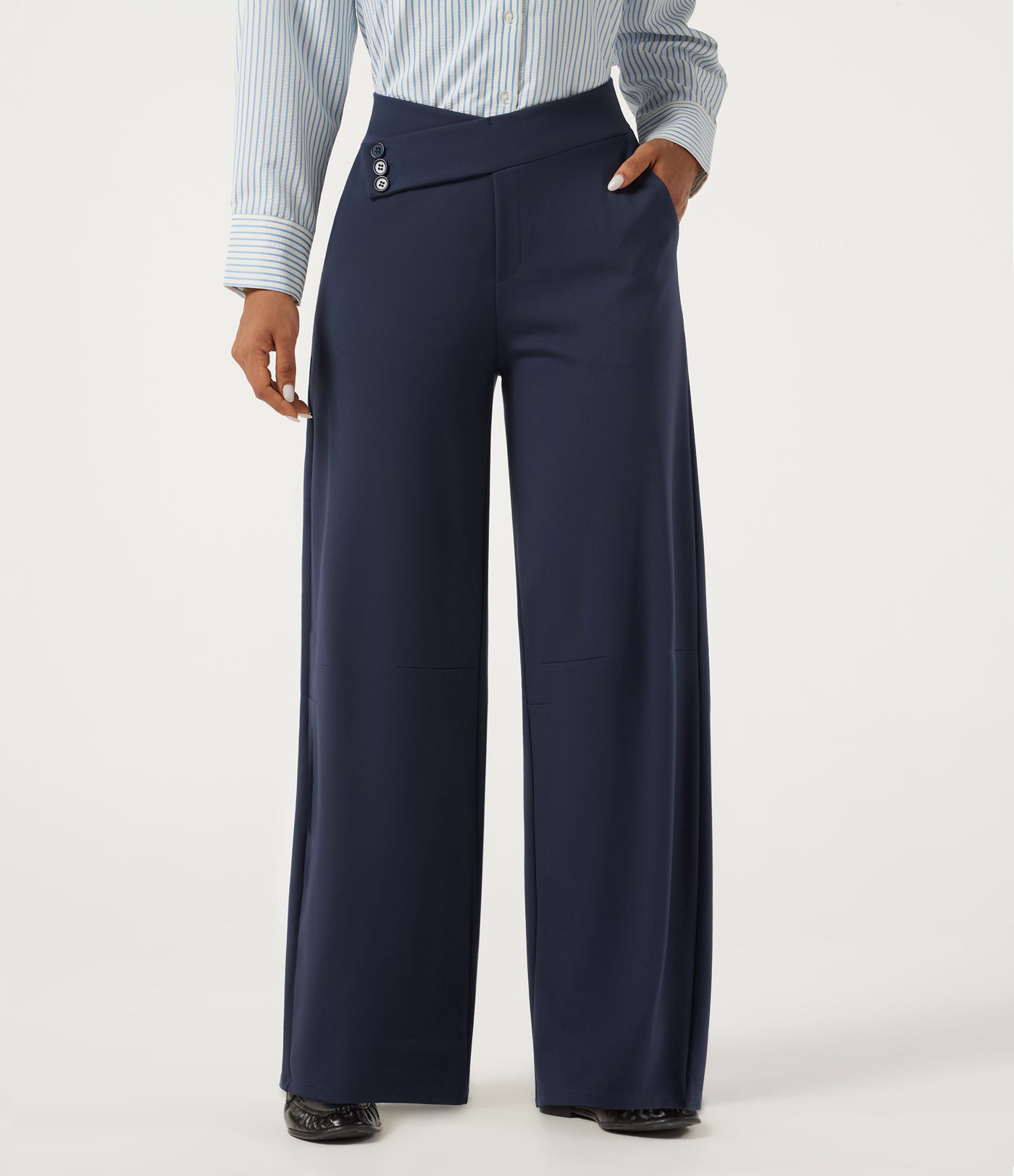 Pantalon de bureau coupe barrel taille mi-haute à détails croisés avec poches
