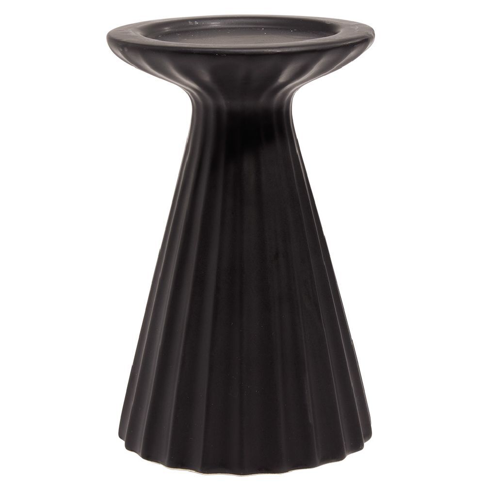 Bougeoir rond strie relief céramique noir - Ø11xH17cm
