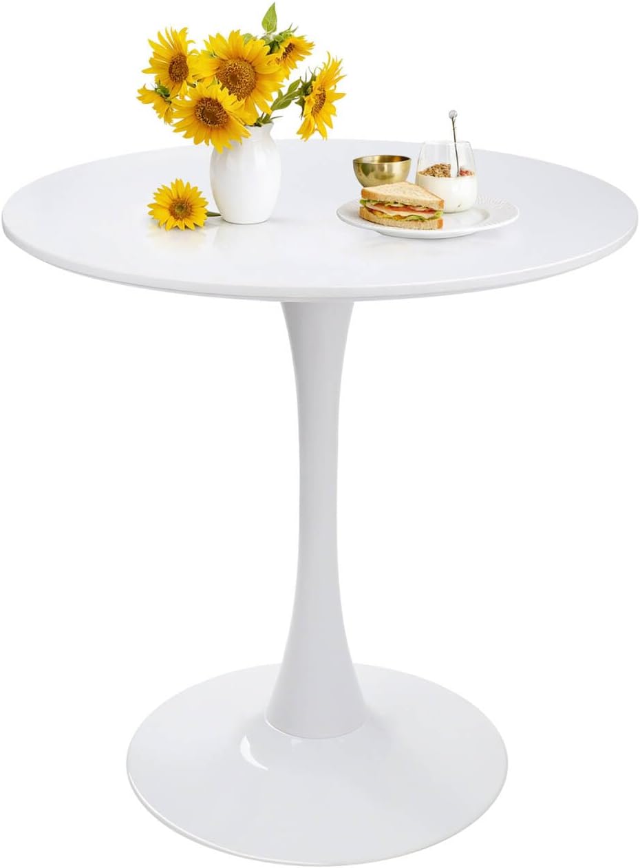 Round Dining Table 27.5 White Tulip Table with Pedestal Base for 2-4 People Small Space - Kitchen Living Room Cafe