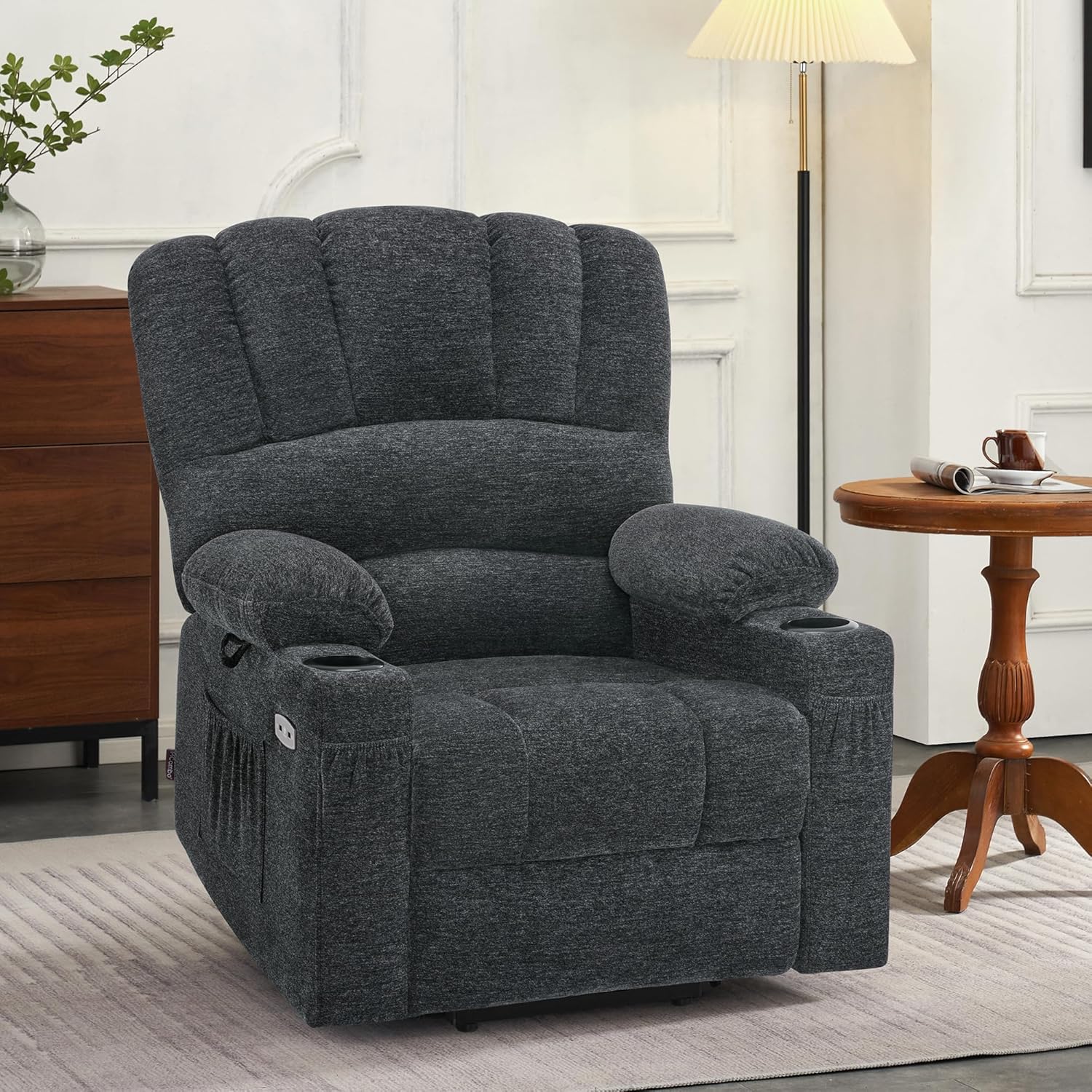 MCombo Power Lift Recliner Chair for Elderly, Lift Chair with Heat and Massage, USB &Type C Ports, Cup Holders, Fabric 7095 (Medium, Dark Grey)