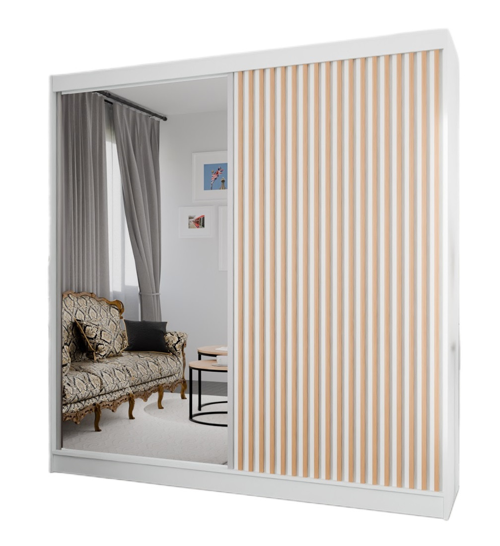 Szafa z lamelami i lustrem 200 cm - biała   lam. craft złoty