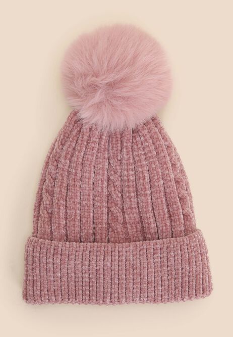 Younger Girls Pink Chenille Bobble Hat