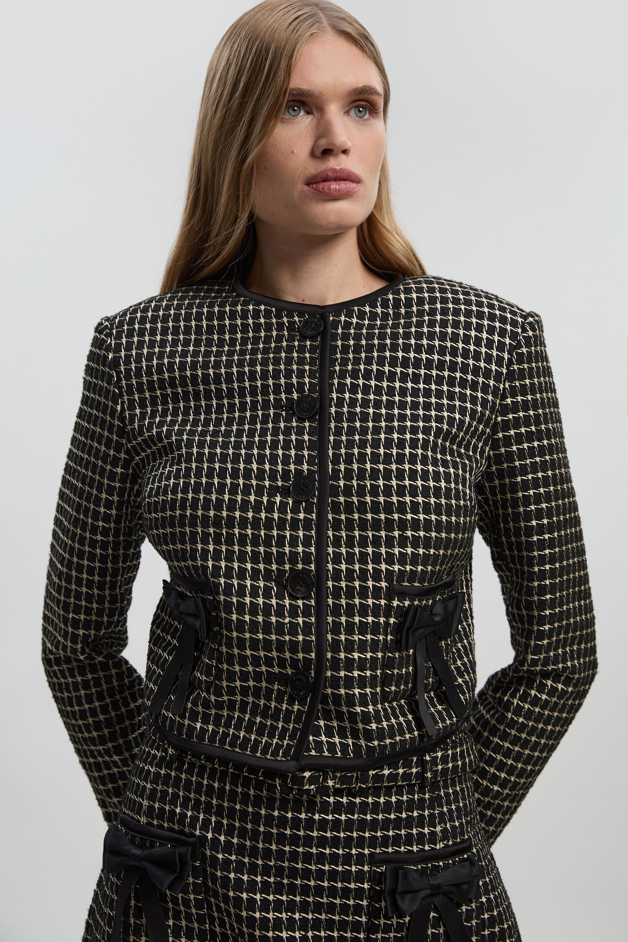 KarenMillen Tailored Tweed Bow Detail Collarless Jacket