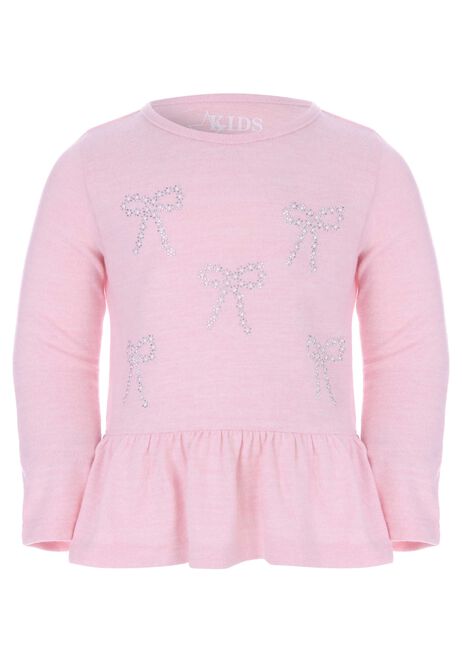 Younger Girls Pink Bow Print Peplum Cosy Top