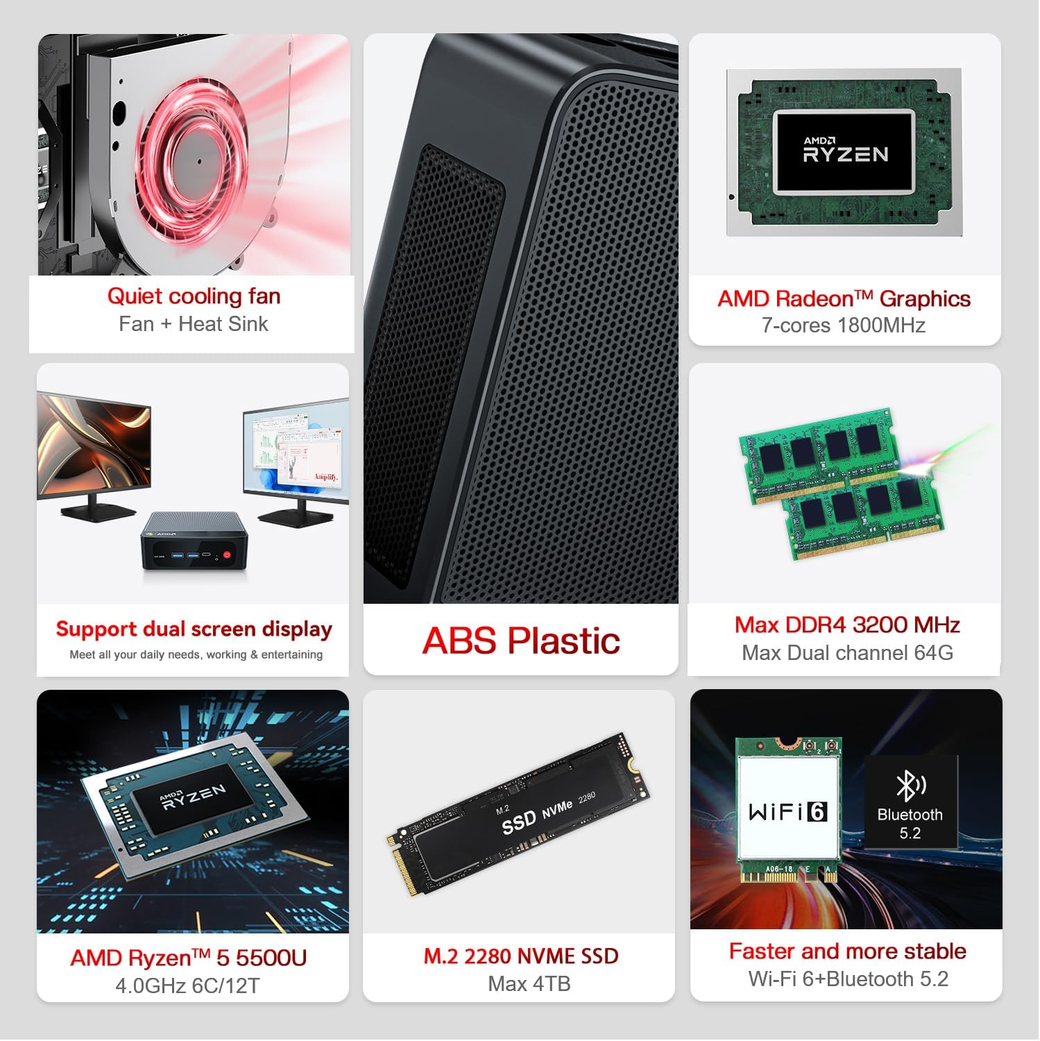 Beelink SER5 Pro Mini PC  AMD Ryzen 5 5500U(7nm  6C/12T) up to 4.0GHz  Mini Computer 16GB DDR4 RAM 500GB NVME SSD  Micro PC 4K@60Hz Triple Display  Mini Gaming Computer WiFi6/BT5.2/HTPC
