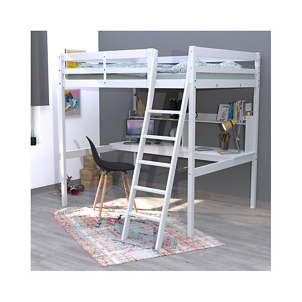 Lit Mezzanine 140x190cm blanc SALA avec Bureau et étagères incl. Sommier et échelle