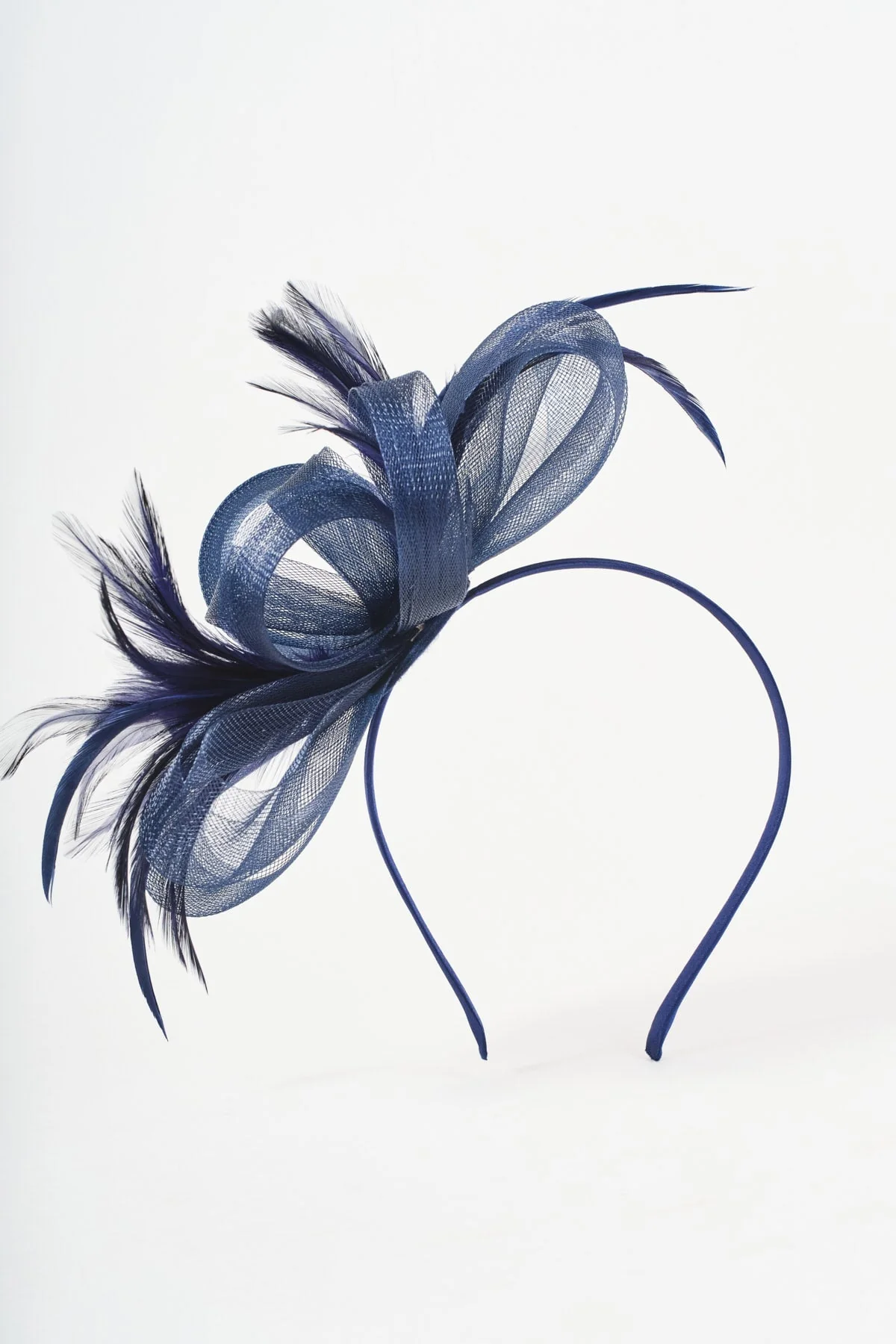 Navy Net Bow & Feather Fascinator