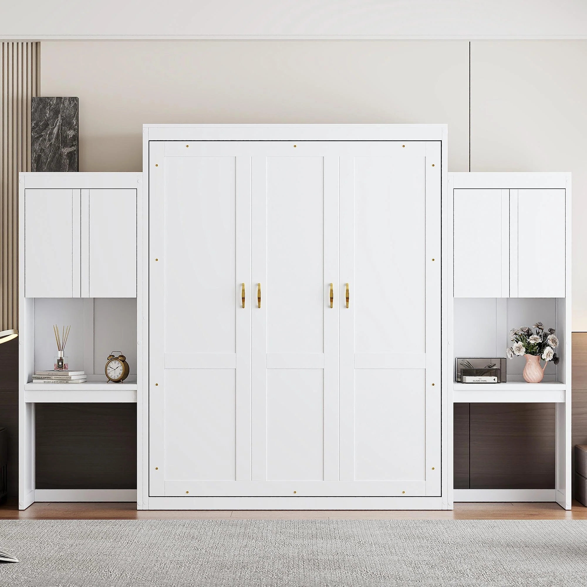Queen Size Murphy Bed with Desk, Vanity and Cabinets