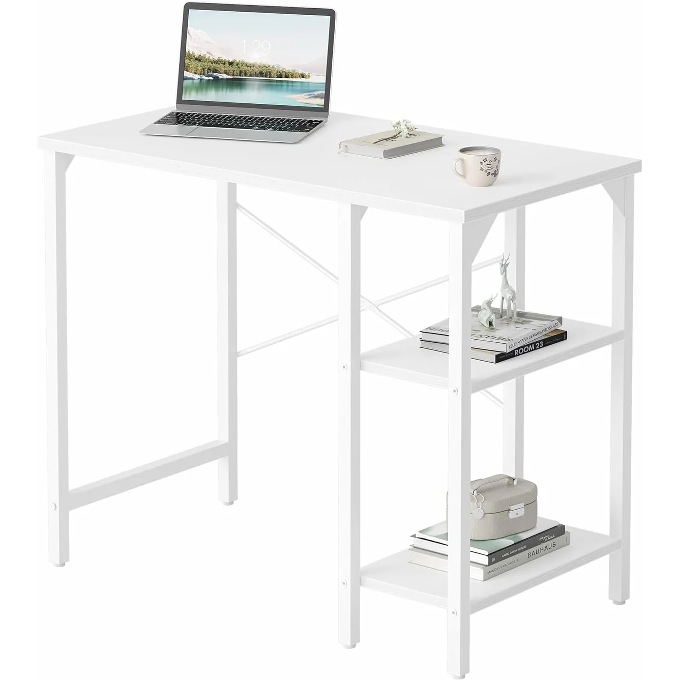 FEZIBO Small Computer Desk, 35 Inch Home Office Desk with Storage Shelves, Study Writing Desk