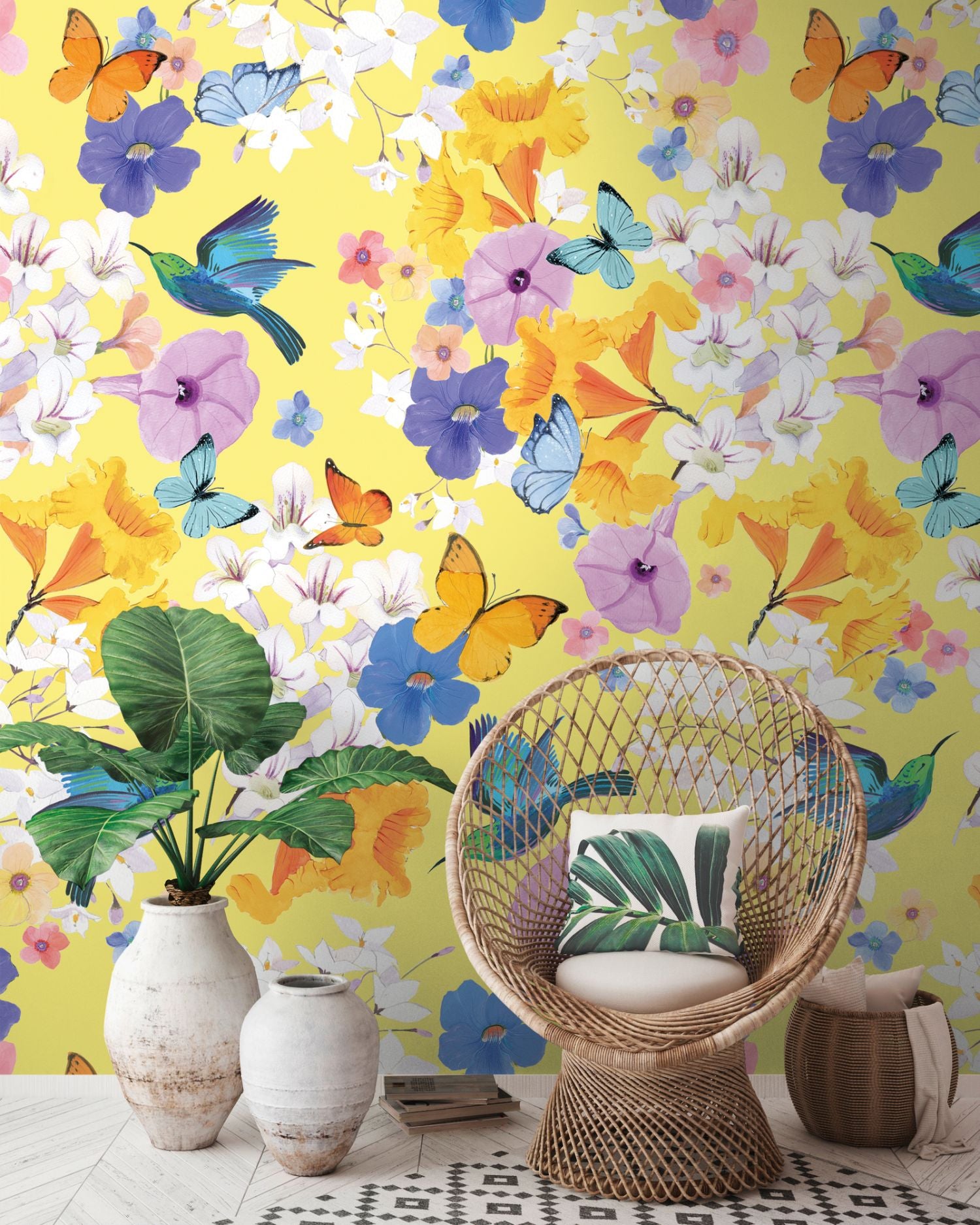 Livingwalls fotobehang bloemen en vogels geel 159 x 280 cm AS-391971