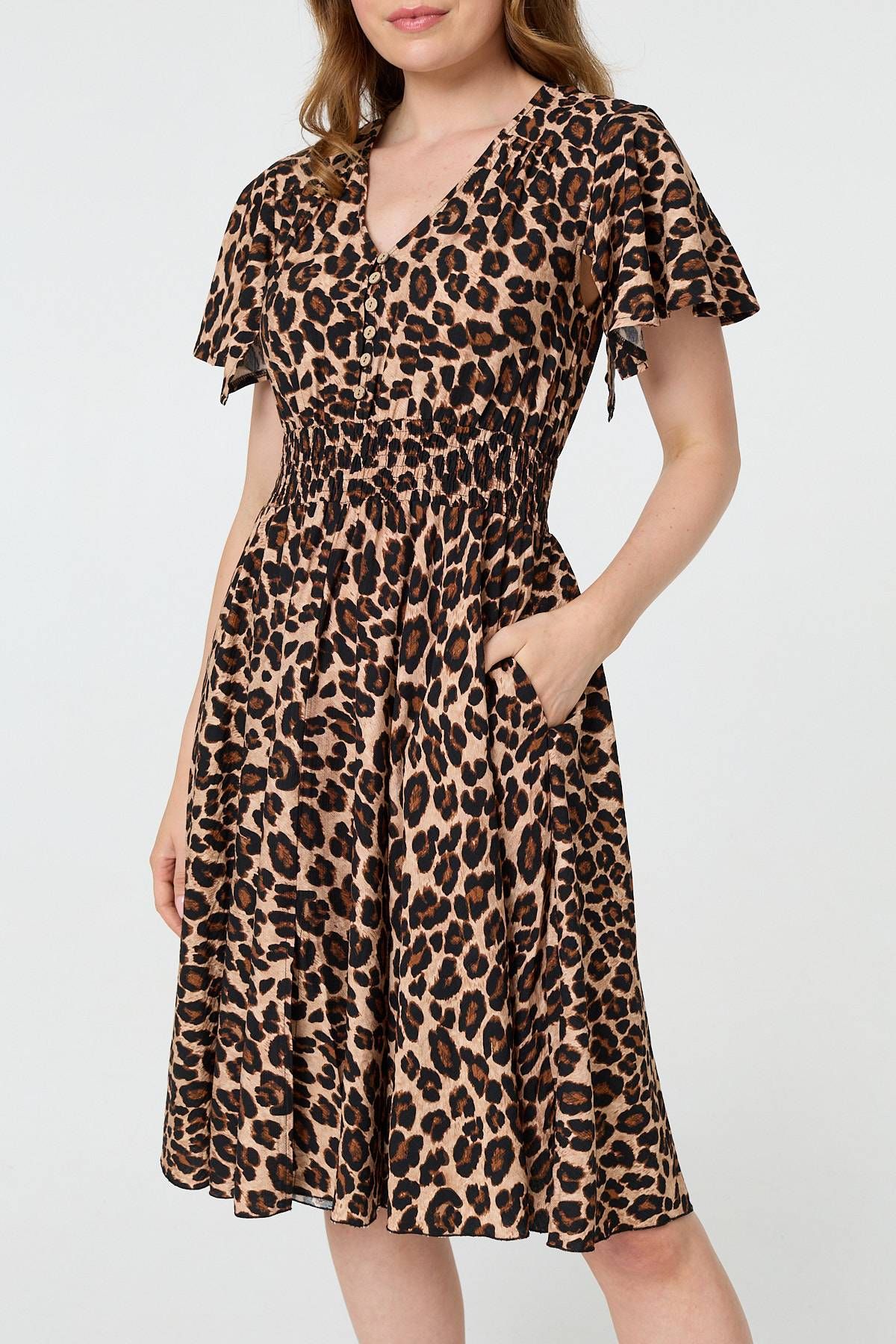 Izabel London Animal Print Shirred Knee Length Dress