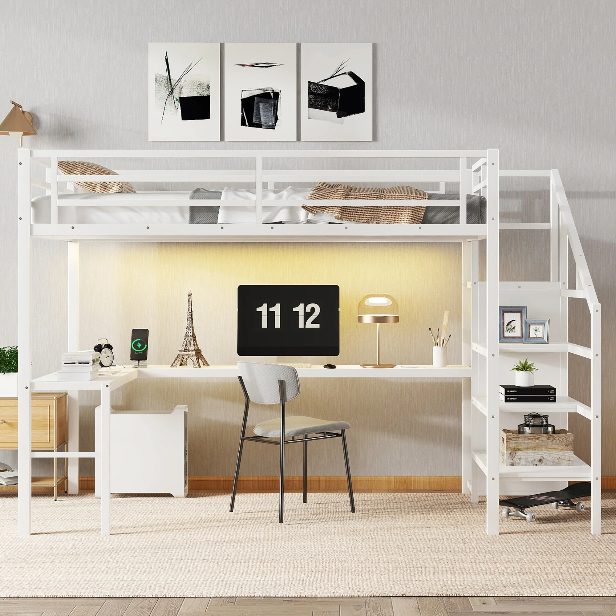 Twin XL Size Loft Bed with L-shaped Desk and USB, Metal Loft Bed with Wardrobe and Adjustable Shelf, High Loft Bed with LED