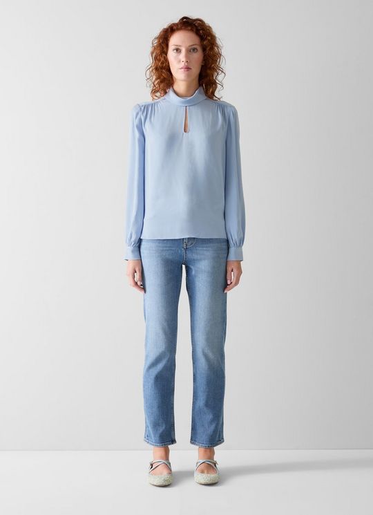 Sally Blue Keyhole Roll Collar Blouse