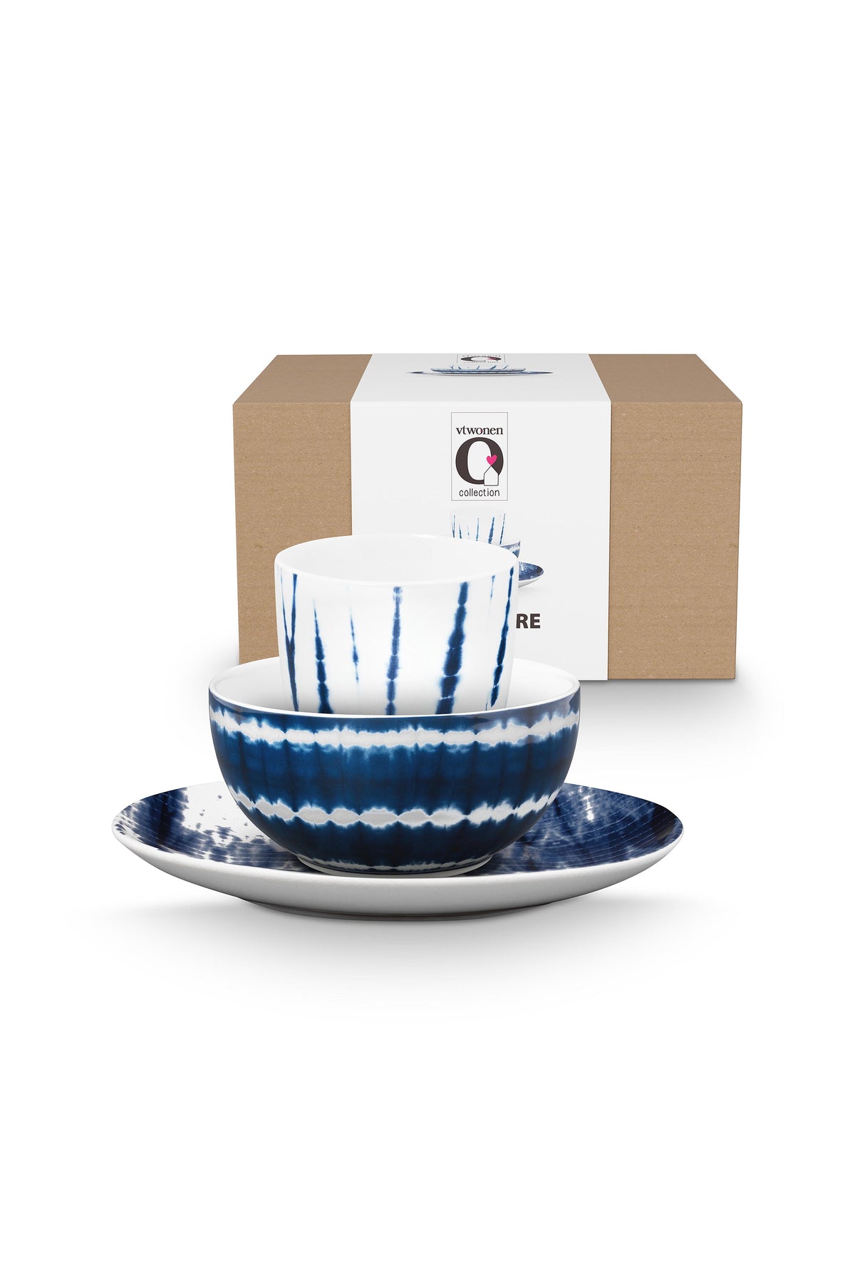 vtwonen - Tie dye Ontbijtset - Blauw, Wit - Porselein - Set van 3