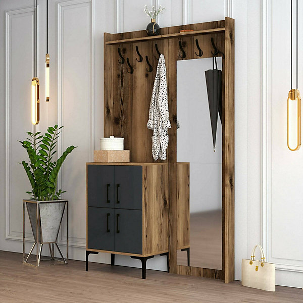 Meuble d'entrée Dperron, Crochet d'entrée, Console de rangement multifonction, 120x35h200 cm, Noyer et Anthracite