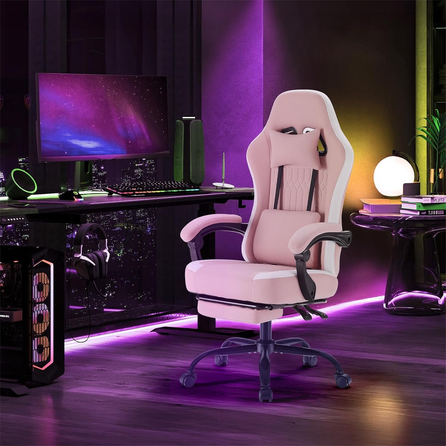 Sweetcrispy Video Gaming Chair - Ergonomic Desk Chair with Footrest and Lumbar Support, Height Adjustable High Back Task Chair with Linkage Armrests and Headrest, 360° Wheels, Pink