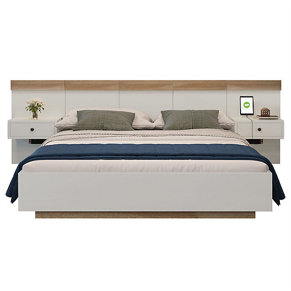 Lit adulte 140x200 cm, lit double avec chevets suspendus, led et prise usb type c, cadre en bois, chêne   blanc (sans matelas)