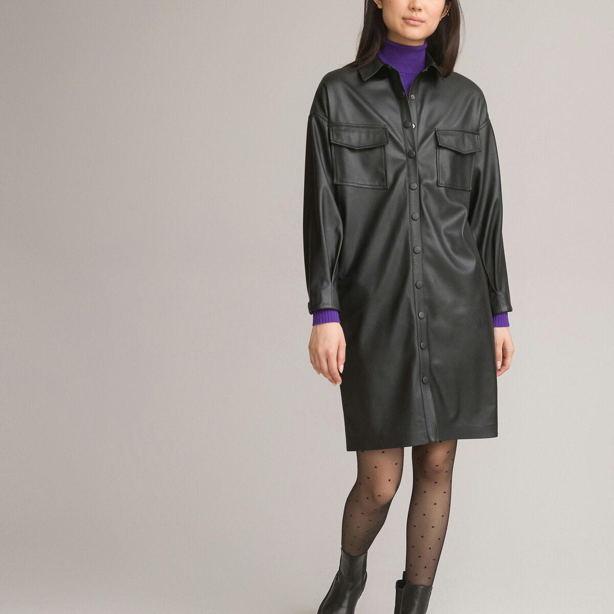 Robe-chemise manches longues en simili