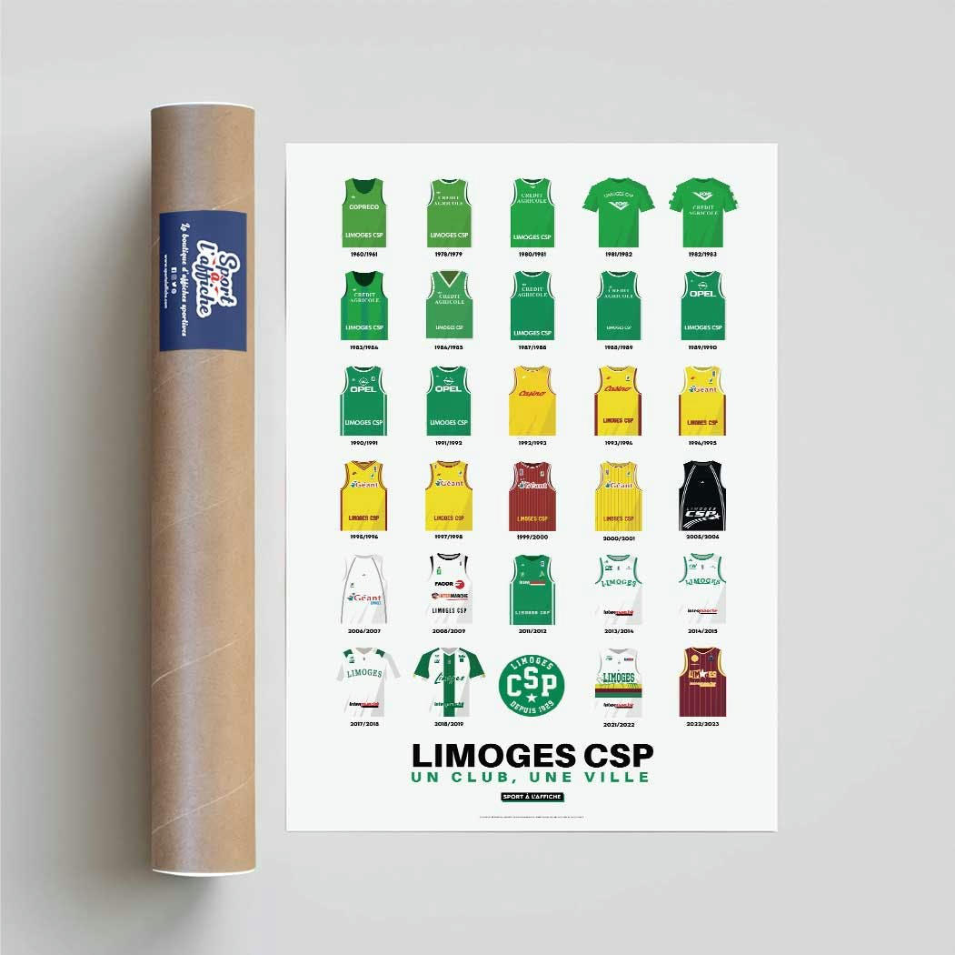 BASKETBALL - Affiche Basket - Limoges CSP - Maillots Historiques 40x60 cm