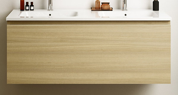 Meuble vasque suspendu effet chêne l.120 cm   plan double vasque blanc brillant résine, Pura