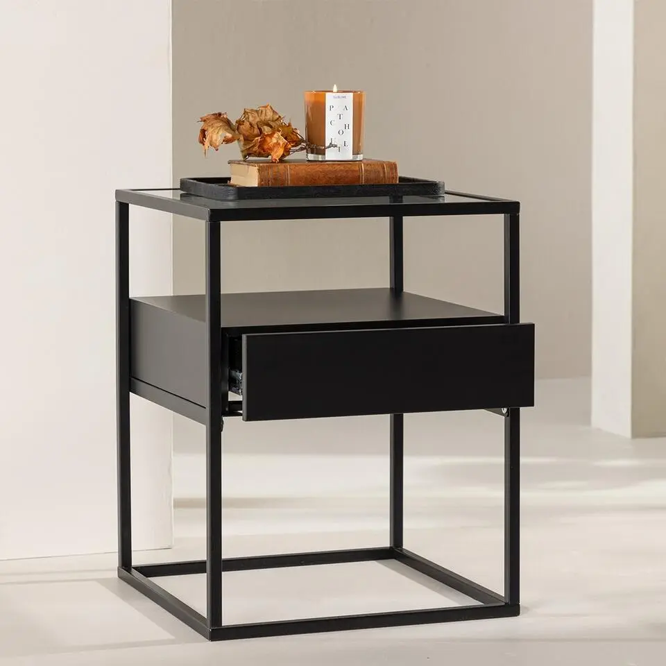Nest living Dinand Metalen Bijzettafel met Lade - Zwart