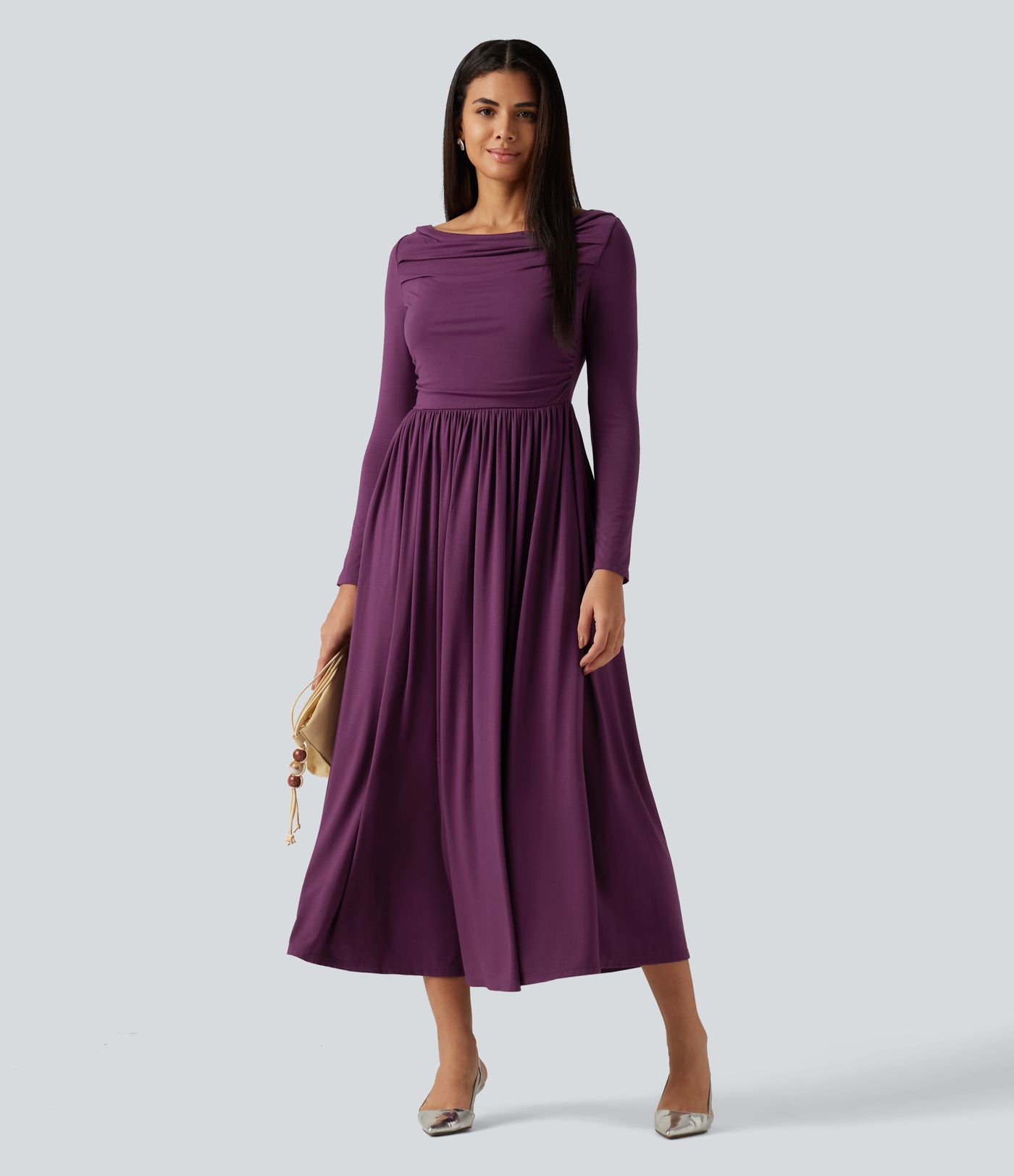 Robe midi de soirée à épaules dénudées, manches longues et poches