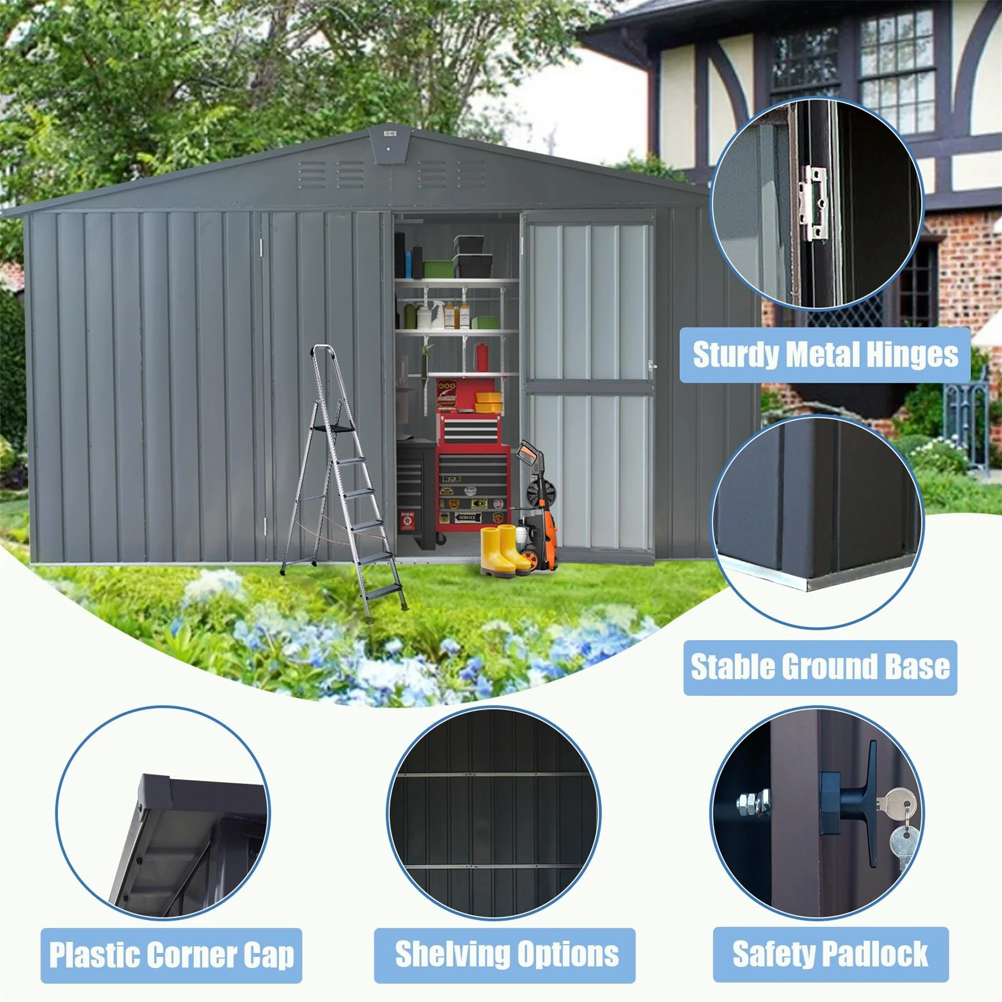 Rust-roof Metal Storage Shed with Double Lockable Doors, Water-proof Garden Shed Pet Shed, Air Vents