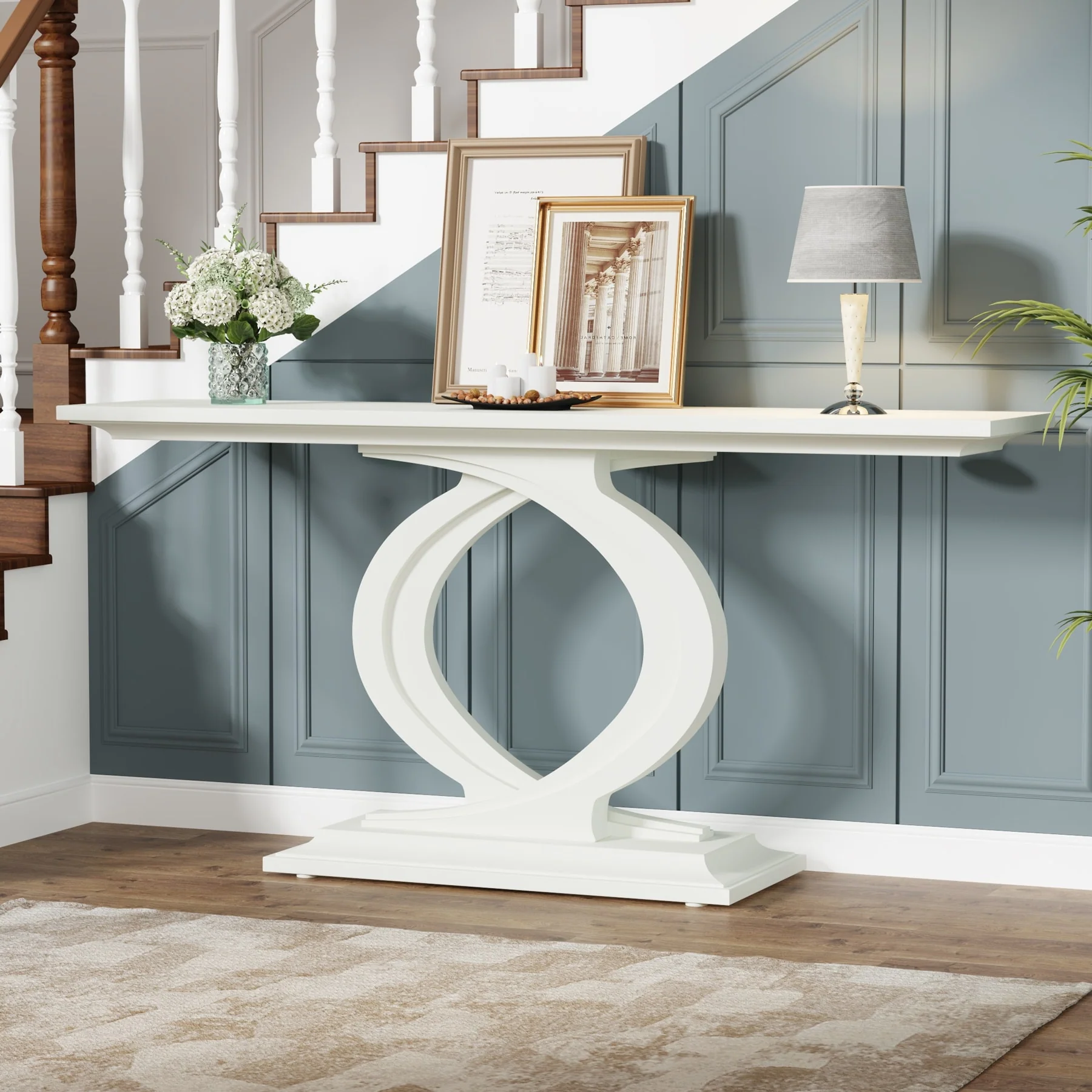 59 Inch Console Table for Entryway, White Farmhouse Sofa Tables for Living Room