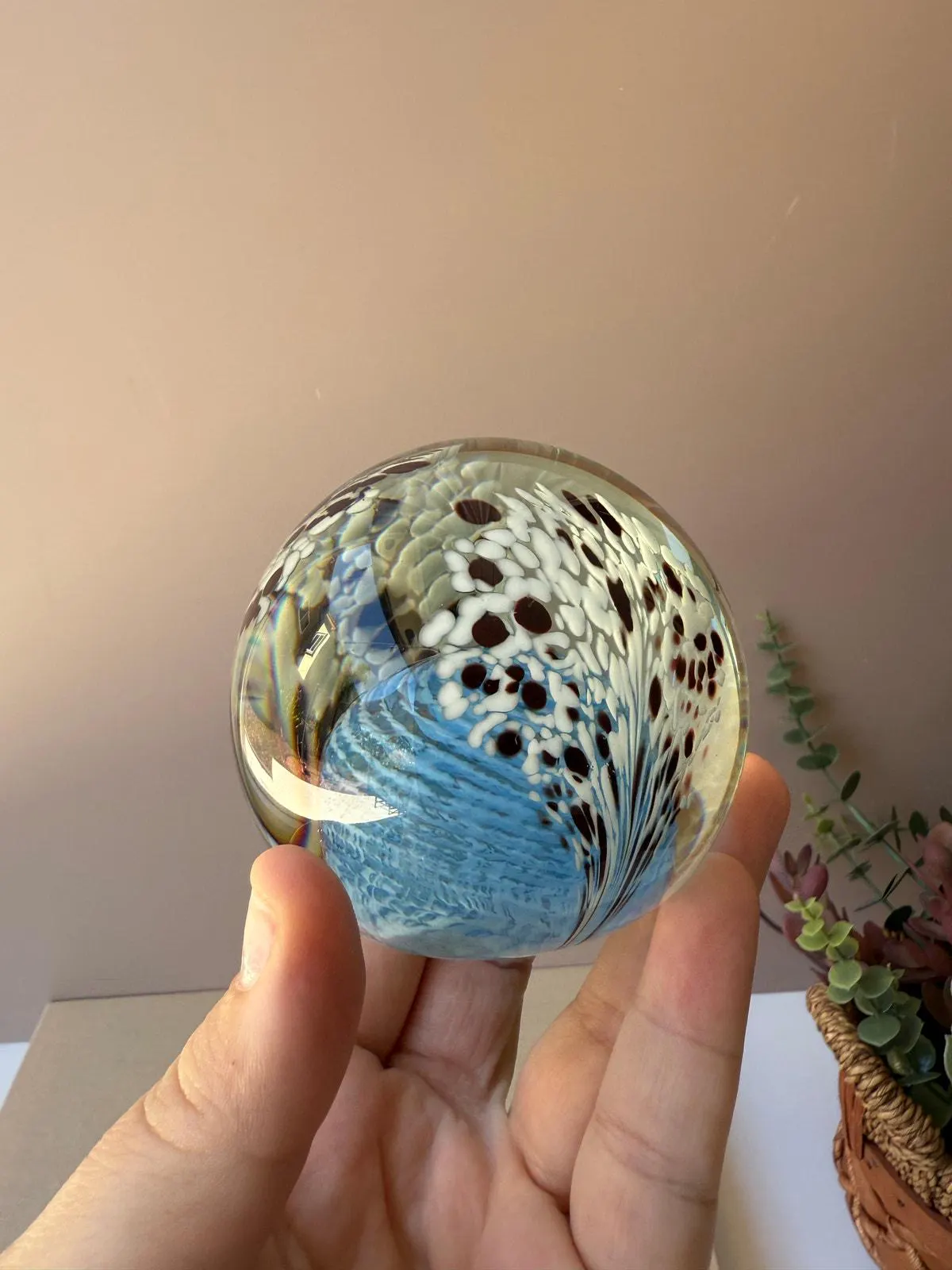 Glass Eye Studio Paperweight Signed & Dated | Blue Swirl Center Black White Spray | Art Glass Collectible