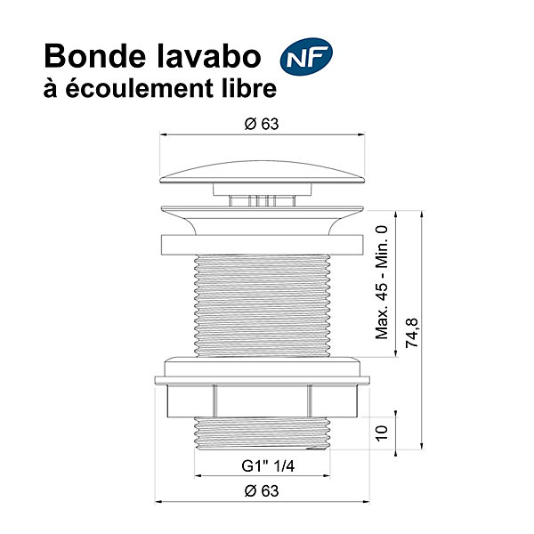 Bonde de lavabo à écoulement libre Ø 63 mm laiton Rousseau graphite mat