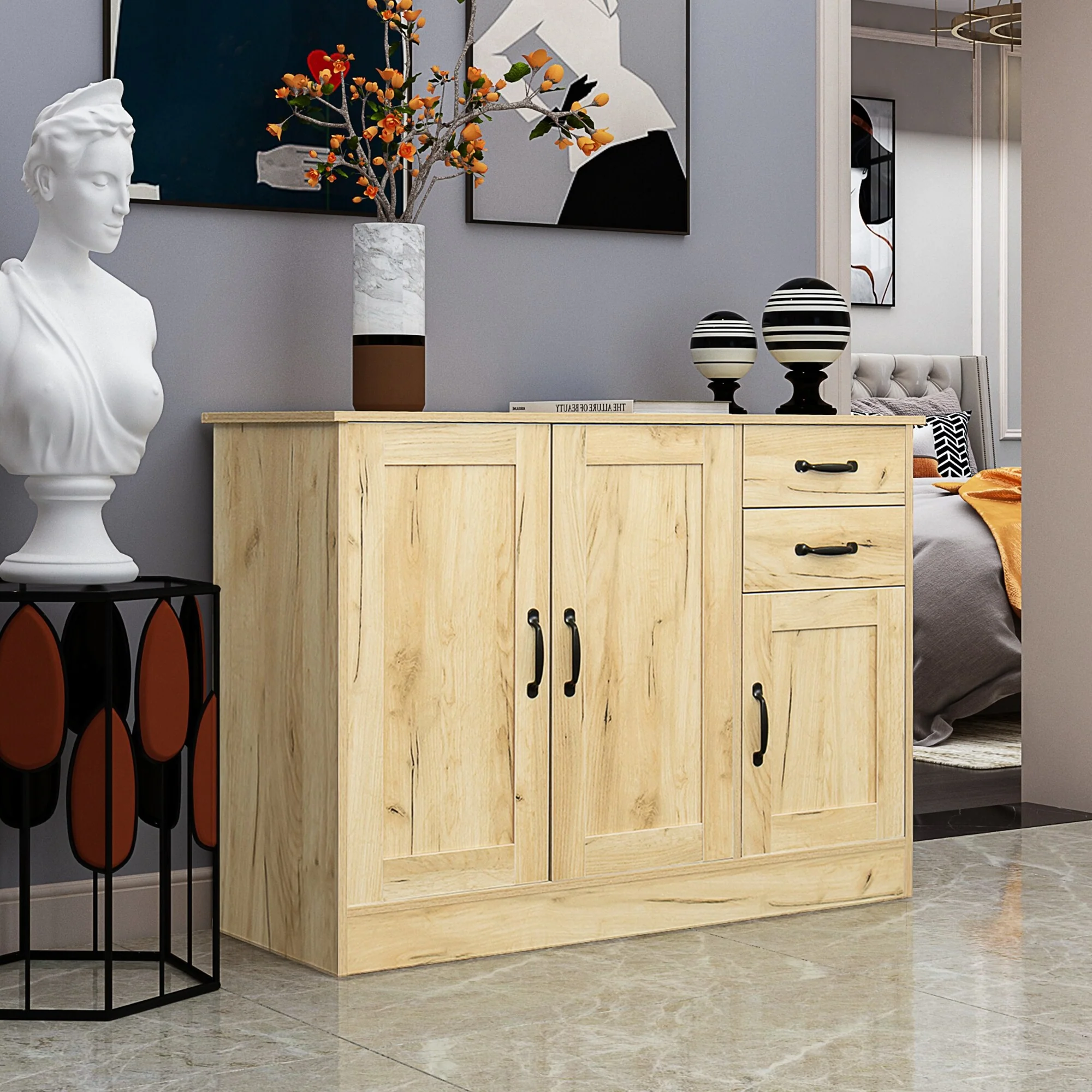 Modern Wood Storage Cabinet with 2 Doors, 1 Shelf and 2 Drawers for Dining Room